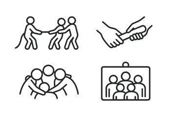 Team building activities icons. Outline vector set for teamwork, collaboration, corporate bonding: tug-of-war rope, relay baton pass, team huddle, group photo, office events, leadership, coworkers