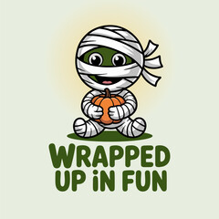 Wrapped up in fun mummy kid, cute halloween costume, trick or treat bucket, playful cartoon, vector illustration, kids party poster, sticker design, pastel green background