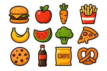 Food icons set with fast food and healthy snacks. Vector collection of cartoon burger, pizza, fries, apple, soda, cookie. Flat design elements for menu, sticker, or grocery.