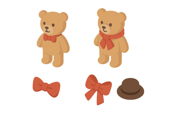 Isometric vector teddy bear fashion outfit set. Bow tie, scarf, ribbon, hat accessories icons. Cute plush animal toy dress up, children’s illustration. Isolated transparent background design elements.