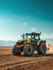 Fototapeta premium modern tractor working in agricultural field with gps equipment precision farming concept clear blue sky