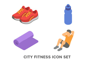 Isometric City Fitness Icons Collection. Running Shoes, Water Bottle, Yoga Mat, Man Exercising Sit Ups. Urban Wellness, Sports, Gym, Fitness Equipment, Healthy Lifestyle, Vector Illustration.