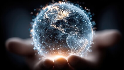 Globe held in hands, digital network