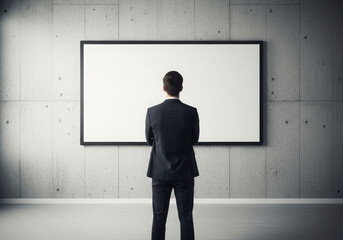 Businessman standing before blank white board in modern room