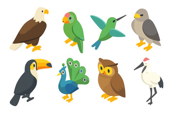 Naklejka premium Isometric bird icon set. Flat vector collection of 8 exotic and native birds including eagle, parrot, hummingbird, falcon, toucan, peacock, owl, crane. Wildlife animal cartoon illustrations pack