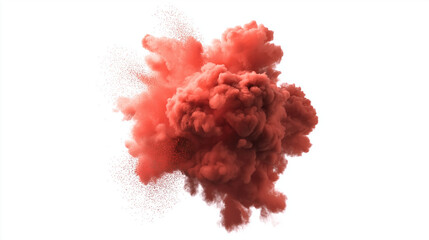 A vibrant burst of red powder suspended in mid-air, creating a striking visual contrast against a clean white backdrop.