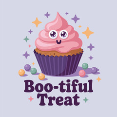 Boo tiful treat cupcake, smiling frosting face, pastel sprinkles, cute bakery theme, halloween dessert, vector art, sticker design, menu graphic, kids friendly