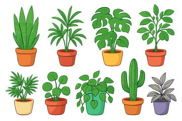 Indoor houseplants collection vector illustration. Diverse cartoon potted plants, succulents, foliage greenery, lush leaves in colorful containers. Botanical home decor, gardening, nature concept art.