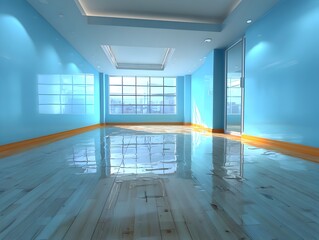 Fototapeta premium Modern blue empty room with large window reflecting cityscape and shiny wood floor under bright light.