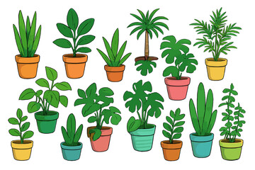 Indoor Houseplants in Colorful Pots Vector Cartoon. Diverse Leafy Plant Species and Styles. Greenery Collection Isolated on White. Decorative Botanical Illustration for Home Garden Decor, Design