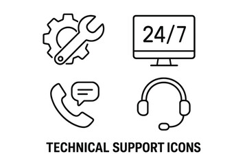 Technical support service icons set. Outline vector illustration of helpline, wrench and gear, computer monitor 24/7, phone receiver, headset. Customer care, online assistance, IT help concept