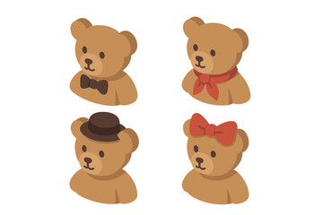 Obraz premium Isometric teddy bear fashion vector icons set. Cute bear faces with bow tie, ribbon scarf, top hat, big bow. Children’s toy accessories, plush animal costumes, cartoon outfit collection isolated
