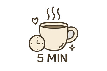 Obraz premium Hot beverage brewing time instruction icon. Five minute tea or coffee steeping timer concept. Cute cartoon vector illustration of a steaming mug, clock and heart symbol.