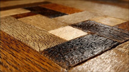 A beautiful close up view of a textured wooden surface with rectangular blocks in various shades and colors.