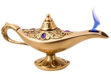 Golden genie lamp with blue flame isolated on a transparent background golden lamp
