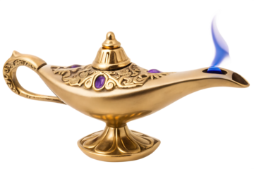 Golden genie lamp with blue flame isolated on a transparent background golden lamp