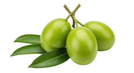 Isolated Three Green Olives with Leaves