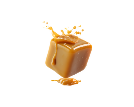 A caramel-colored cube appearing to float or fly through the air