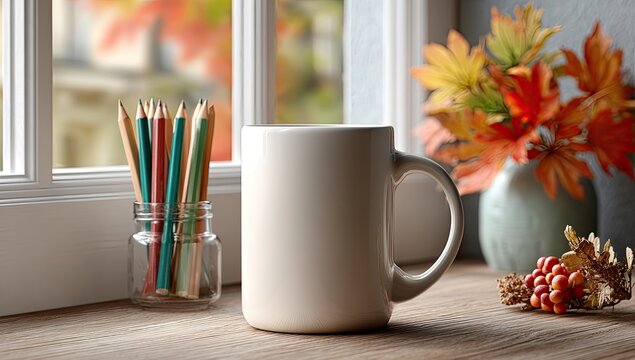 White mug, pencils, autumnal decor
