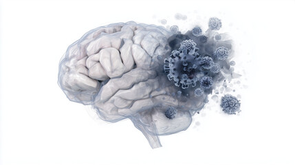 Ghostly double-exposure of a human brain with decaying viral particles and zombie-cell shadows.