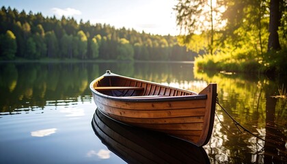Fototapeta premium Wooden rowboat gently floats on serene lake during early morning at sunrise