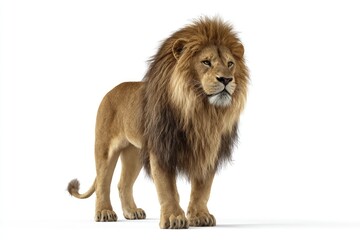 Obraz premium Powerful lion stands alert against white