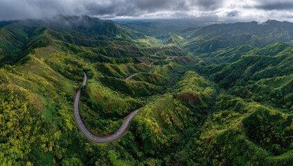 Winding road through lush, mountainous landscape