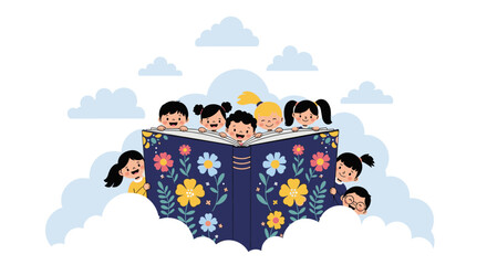 Joyful children peek from behind a magical open book, surrounded by fluffy clouds, igniting imagination and learning