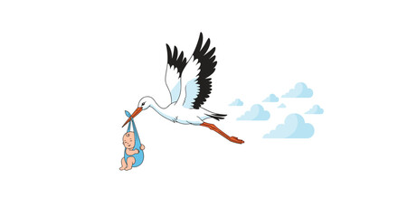 Joyful stork delivers precious baby through bright sky with fluffy clouds, symbolizing new beginnings
