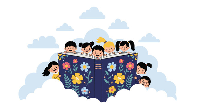 Joyful children peek from behind a magical open book, surrounded by fluffy clouds, igniting imagination and learning
