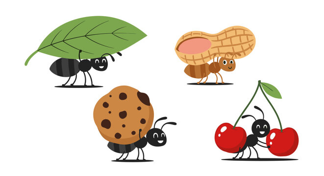 Cute cartoon ants carrying food and leaves, perfect for kids' designs and educational content.