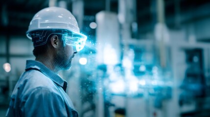 Worker inspecting hine via digital hologram in a high tech factory