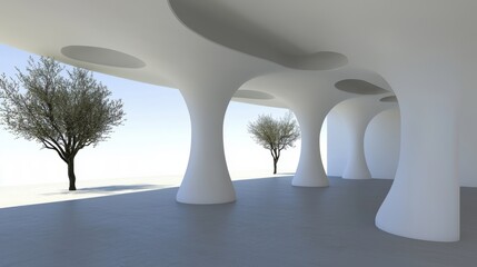 A modern architectural structure with curved white columns and a curved ceiling.
