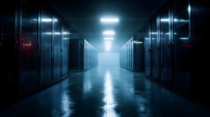 Futuristic high tech server room in an industrial data center