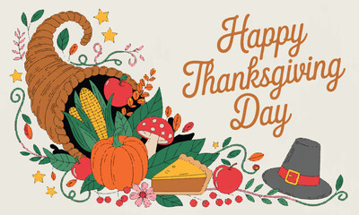 A colorful, hand-drawn illustration for "Happy Thanksgiving" featuring various autumn and harvest-themed doodles, including pumpkins, pies, and leaves.