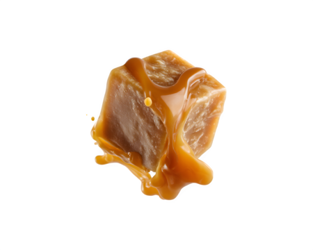 A caramel-colored cube appearing to float or fly through the air