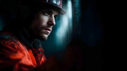 Technician in safety gear working with an console in a dark metal environment