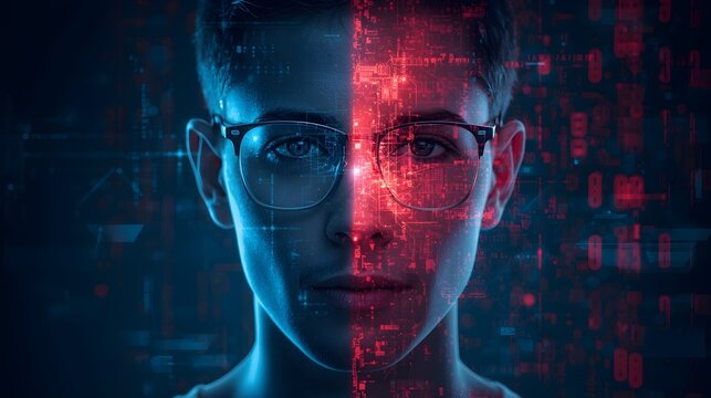 Futuristic cyberpunk face split by digital glitch and neon light aura for ai technology and cyber security concepts