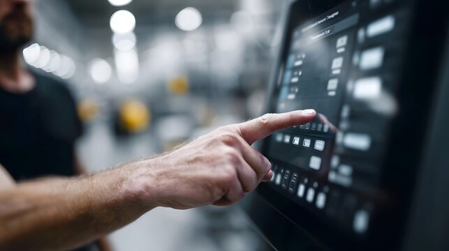 Touchscreen interface displaying live hine status in a smart factory control system