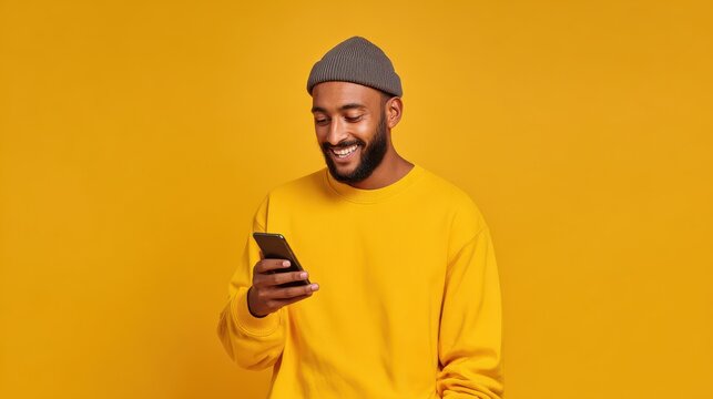 happy indian young man using cell phone isolated on yellow background smiling ethnic hipster guy holding smartphone playing game in app dating buying online in ecommerce store on cellphone vertical n - Powered by Adobe