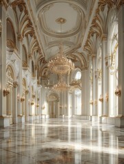 elegant grand ballroom interior design sunlight golden accents classic architecture luxurious palace room white walls marble floor rich decor refined style opulent space royal apartment high ceiling 