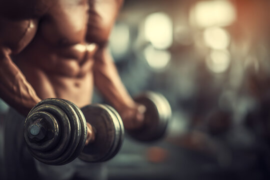 Bodybuilder lifting dumbbells showing strong muscles in the gym