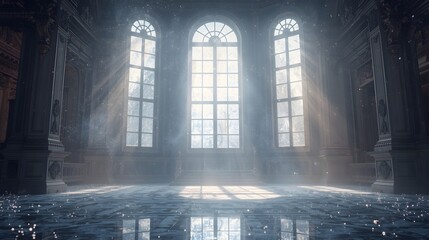 Atmospheric ethereal light streams through grand arched windows in a vast empty hall creating a mystical and serene ambiance.