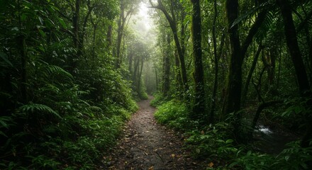 Fototapeta premium Lush Green Rainforest Path Sunlight Beams Through Canopy