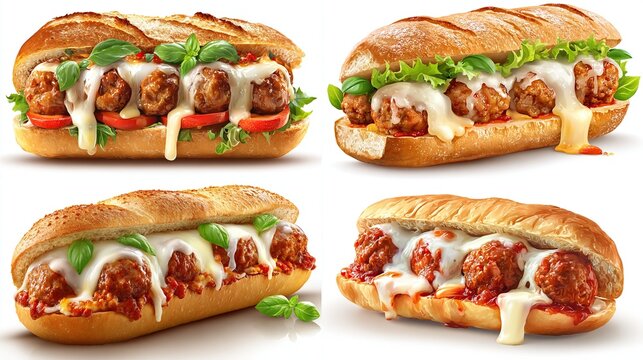 Four variations of a meatball sub are shown, each featuring meatballs in marinara sauce, melted cheese, and fresh basil on a crusty baguette.  Cheese is dripping from each