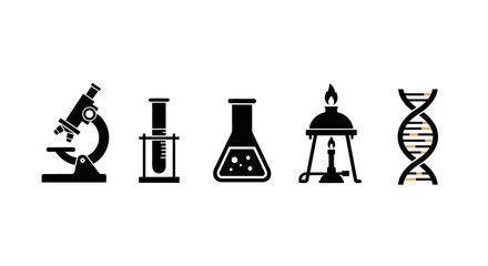 Science Lab Equipment Microscope, Test Tube, Flask, Burner, and DNA Strand Illustrations