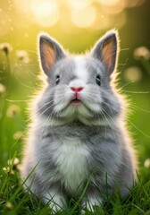 Grey and White Fluffy Bunny in Green Grass