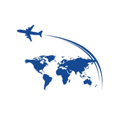 Airplane flying over a blue world map with curved lines indicating the flight path in a vector design