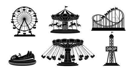 Amusement Park Ride Silhouettes Ferris Wheel, Carousel, Rollercoaster, Bumper Cars, and More