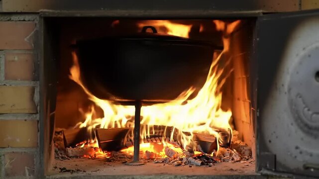 Cast iron pot cooking fire brick oven.